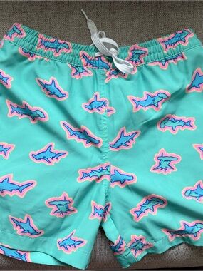Chubbies Kids Teal Shark Print Swim Shorts
